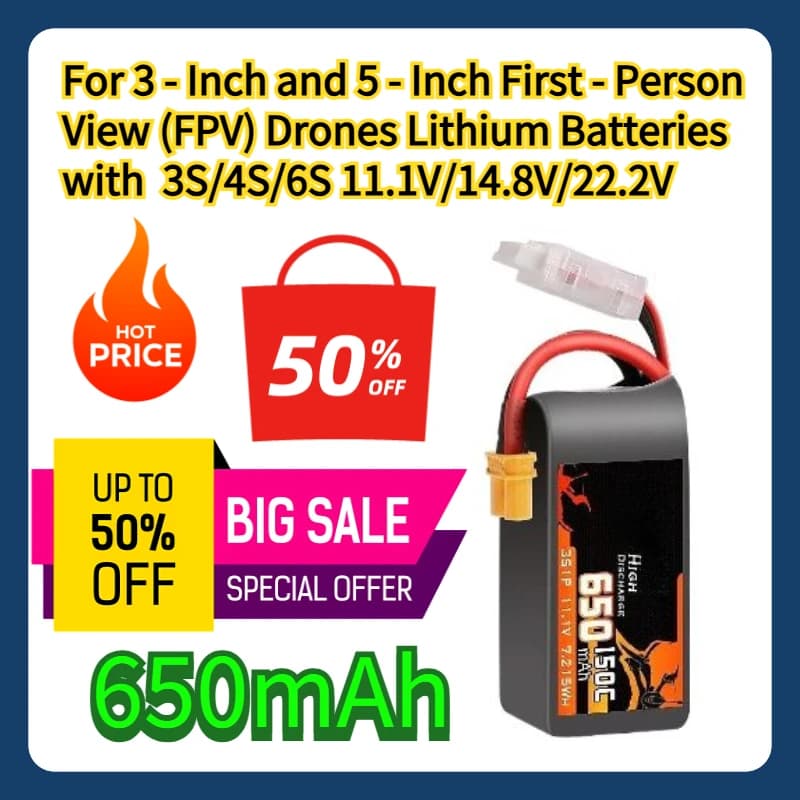 Per batterie al litio per droni da 3 pollici e 5 pollici con visualizzazione in prima persona (FPV) con 650 mAh 3S/4S/6S 11,1 V/14,8 V/22,2 V