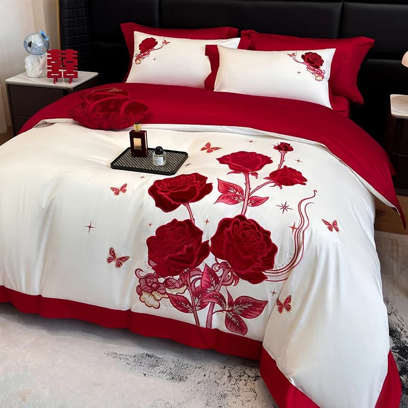 Bed linen set with Red Rose Embroidery, Luxurious Egyptian Cotton, Double Bed linen, Faithful, House textiles