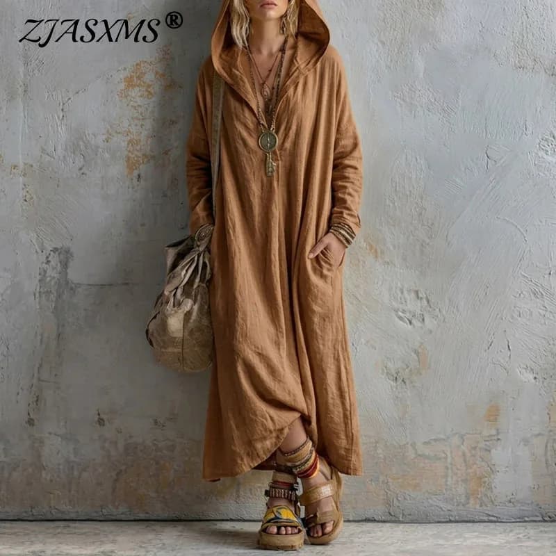 Vintage Solid Women Hooded Long Maxi Dress Loose Long Sleeve V Neck Pocket Oversized Dress Boho Casual Beach Holiday Robes Dress