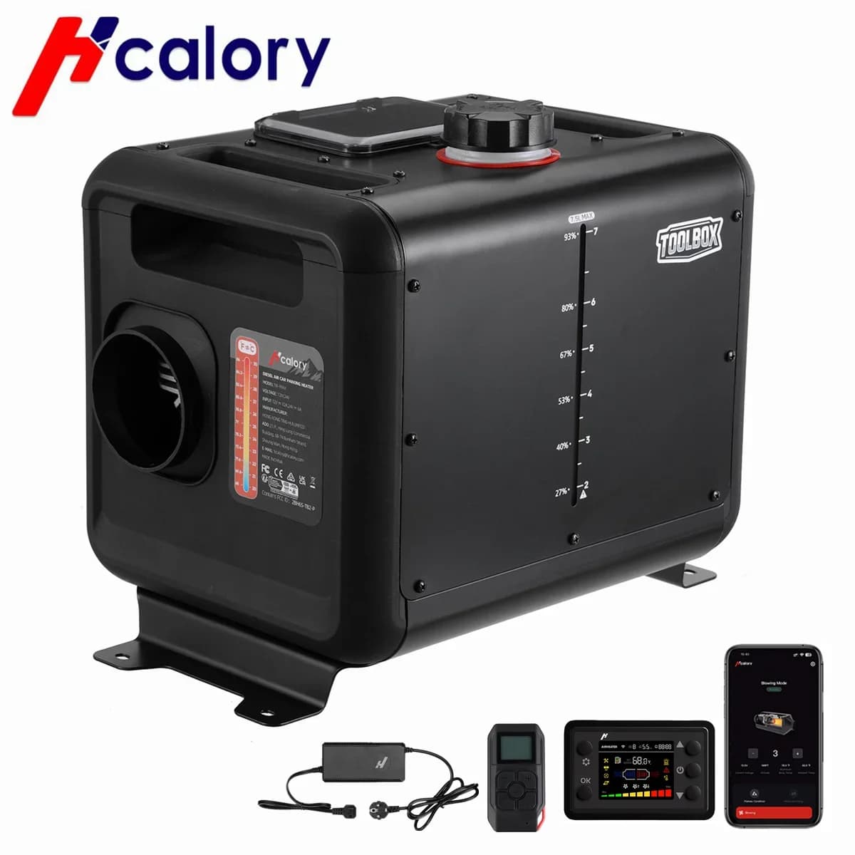 Hcalory Tool Box Max Riscaldatore ad aria diesel 8KW, 100-240V AC e 12/24V DC Riscaldatore ausiliario diesel con serbatoio carburante da 7,5 litri e sensore di allarme CO