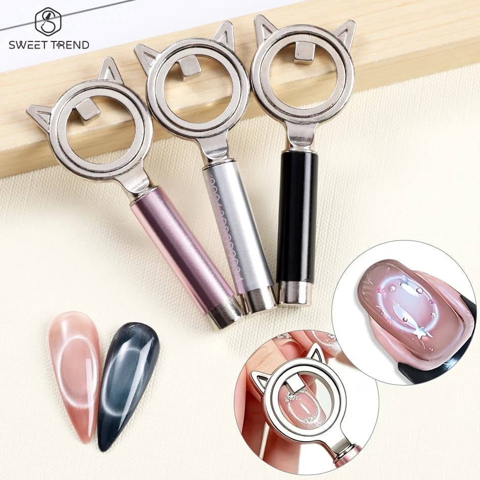 Dual-Head Cat Ear Hollow Cat Eye Magnet Ring Magnetic Tool With Movable Block/Ball Magnet Circular Effect Manicure Accessories