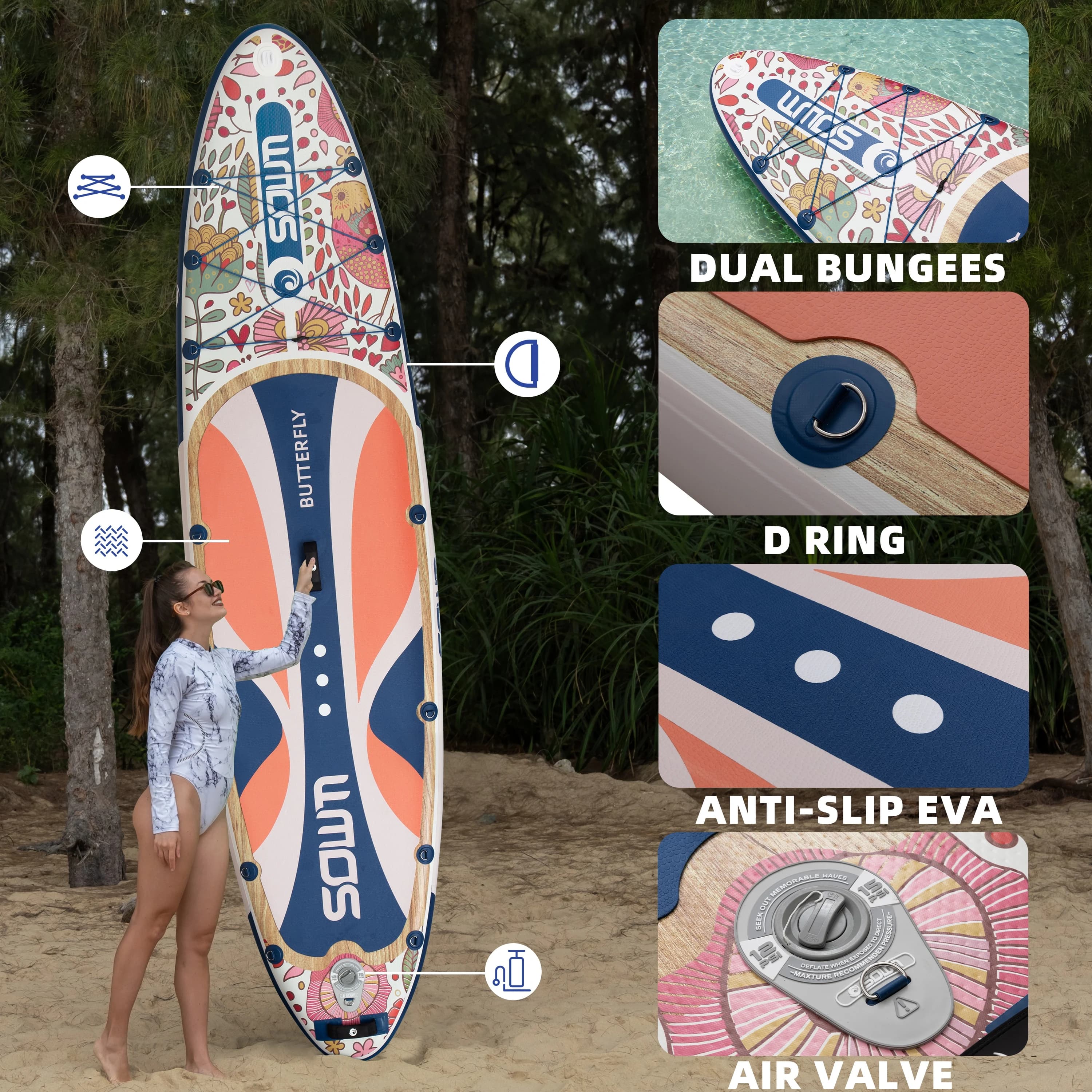 SOWN BUTTERFLY BLUE SUP Tavola da Paddle Gonfiabile Impermeabile 11'x34"x6" per Adulti, Stile Stand Up, per Pesca Acquatica con Accessori SUB
