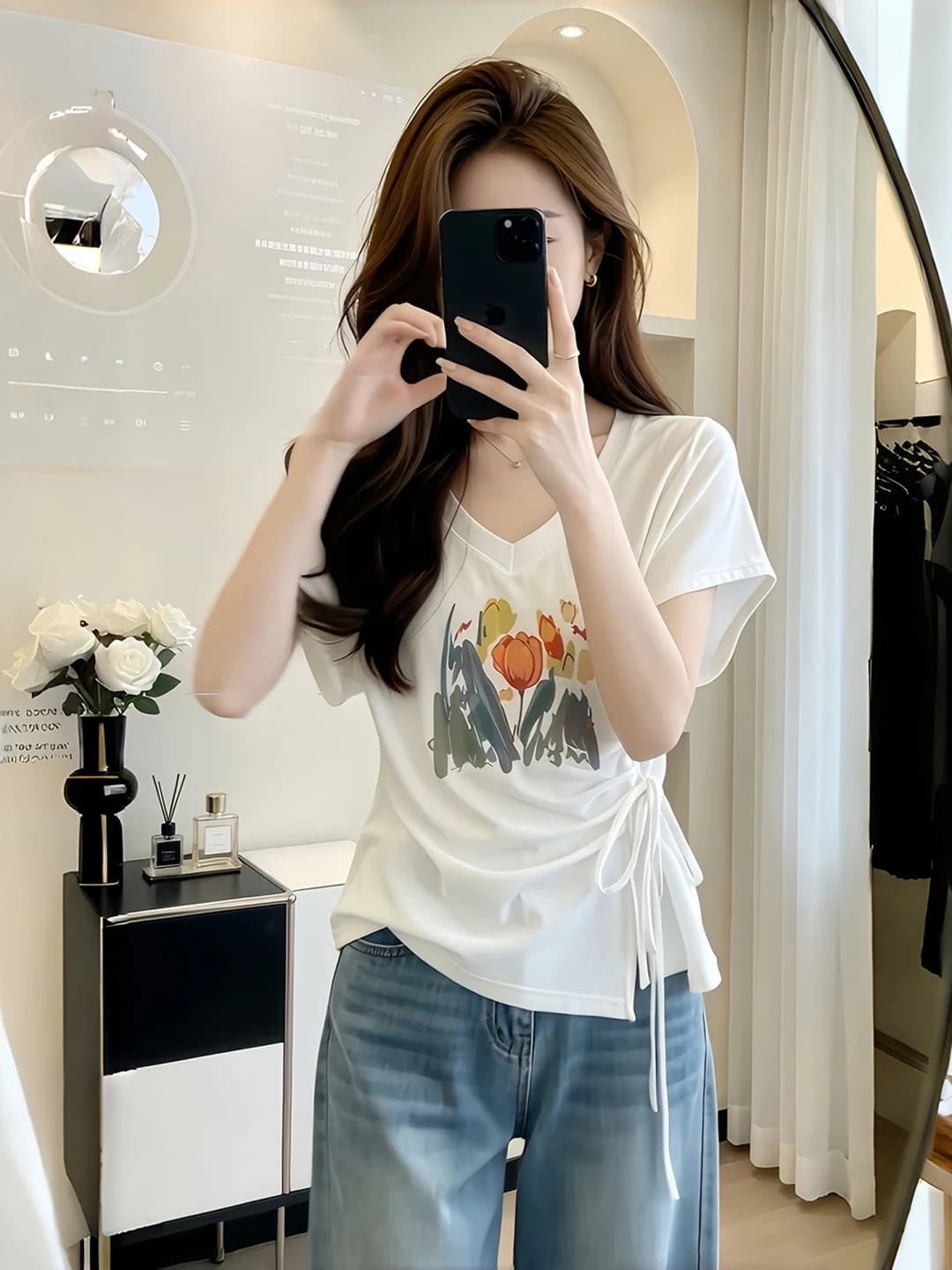 Pure Cotton V-Neck Short Sleeve T-Shirt Women Summer 2026 New plus Size Slimming Waist Cinched Fashionable Youthful Top
