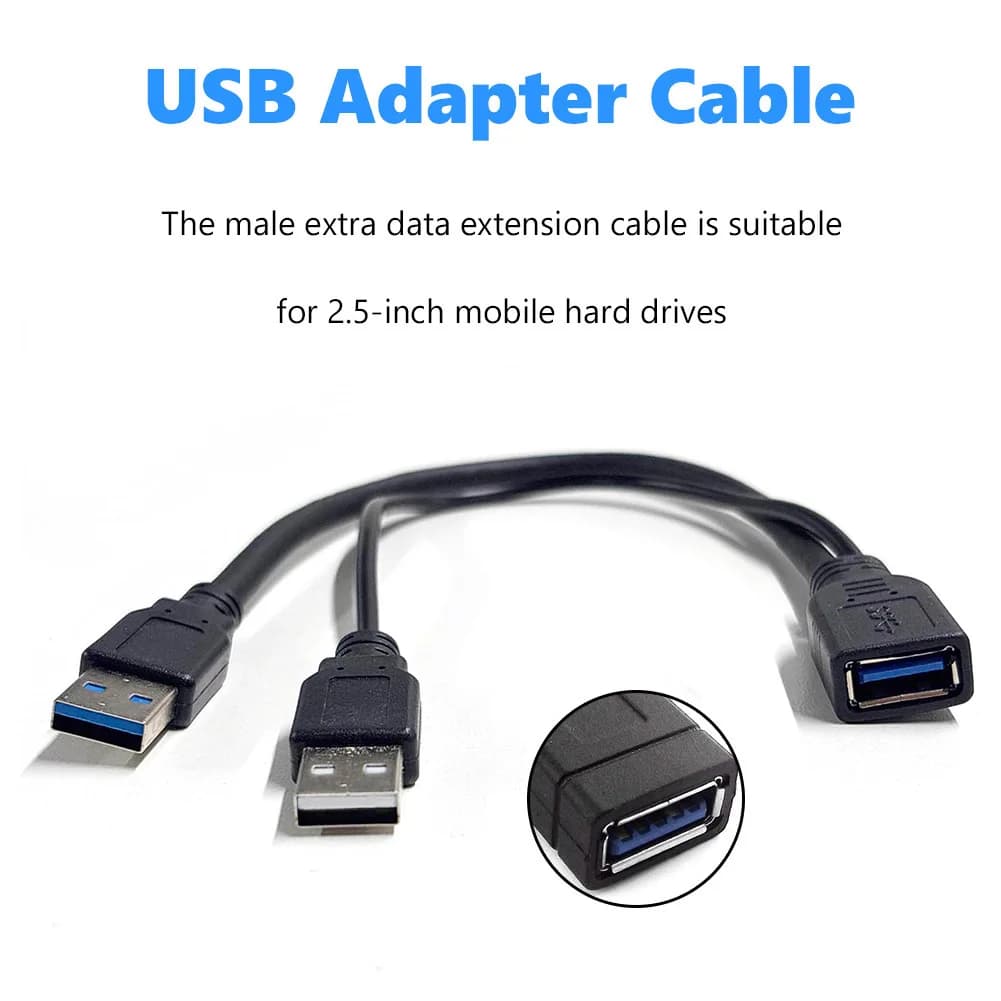 Data Y Extension Splitter Cable USB 3.0 to Dual USB Extra Power Data Extension Cable for 2.5 inch External HDD