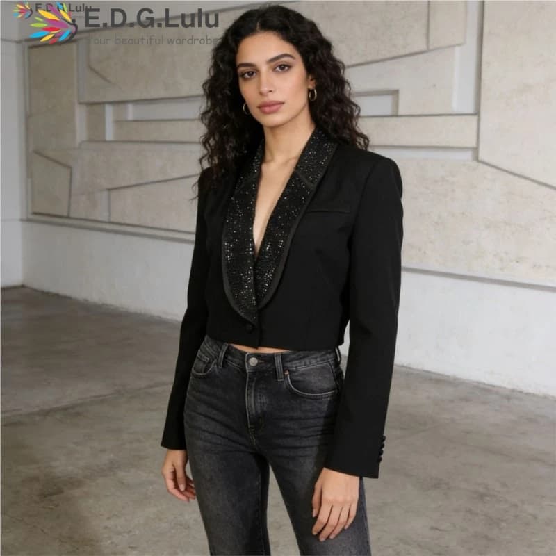 EDGLuLu Giacca Corta con Colletto Glitterato e Maniche Lunghe, Design con Schiena Scoperta, Blazer Corto 2026 Nuovo 0422