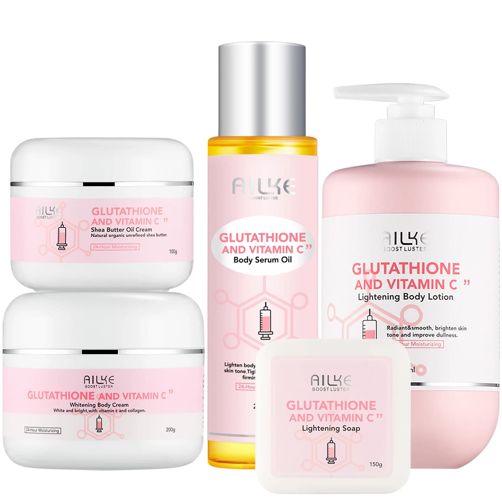 AILKE Kit glutathione and vitamin C, with whitening lotion, moisturizing cream, bright soap, spa oil, light body cream