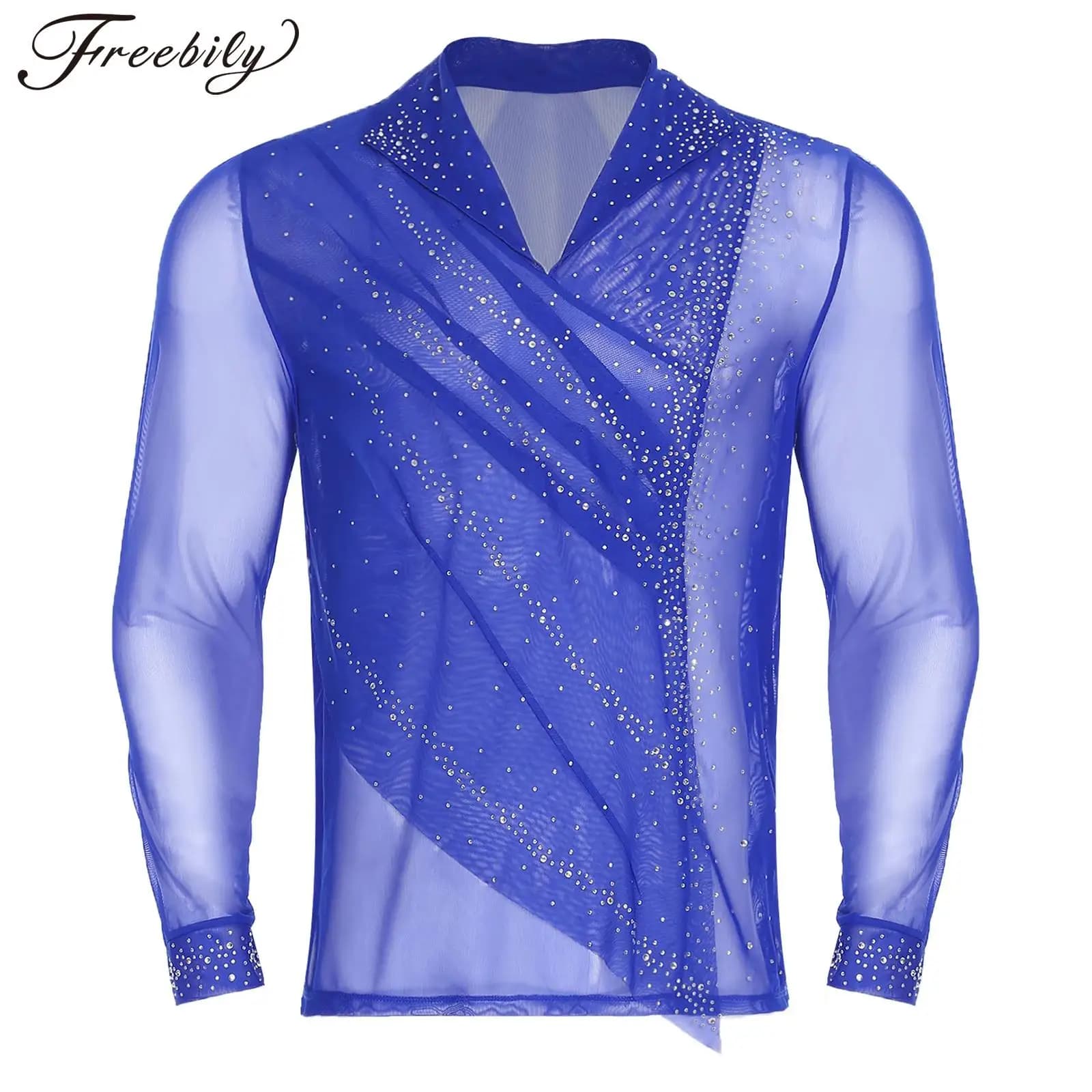 Costume da ballo latino da uomo Camicie da ballo con strass in rete Abiti da pattinaggio di figura Abbigliamento da ballo per spettacoli di competizioni di danza