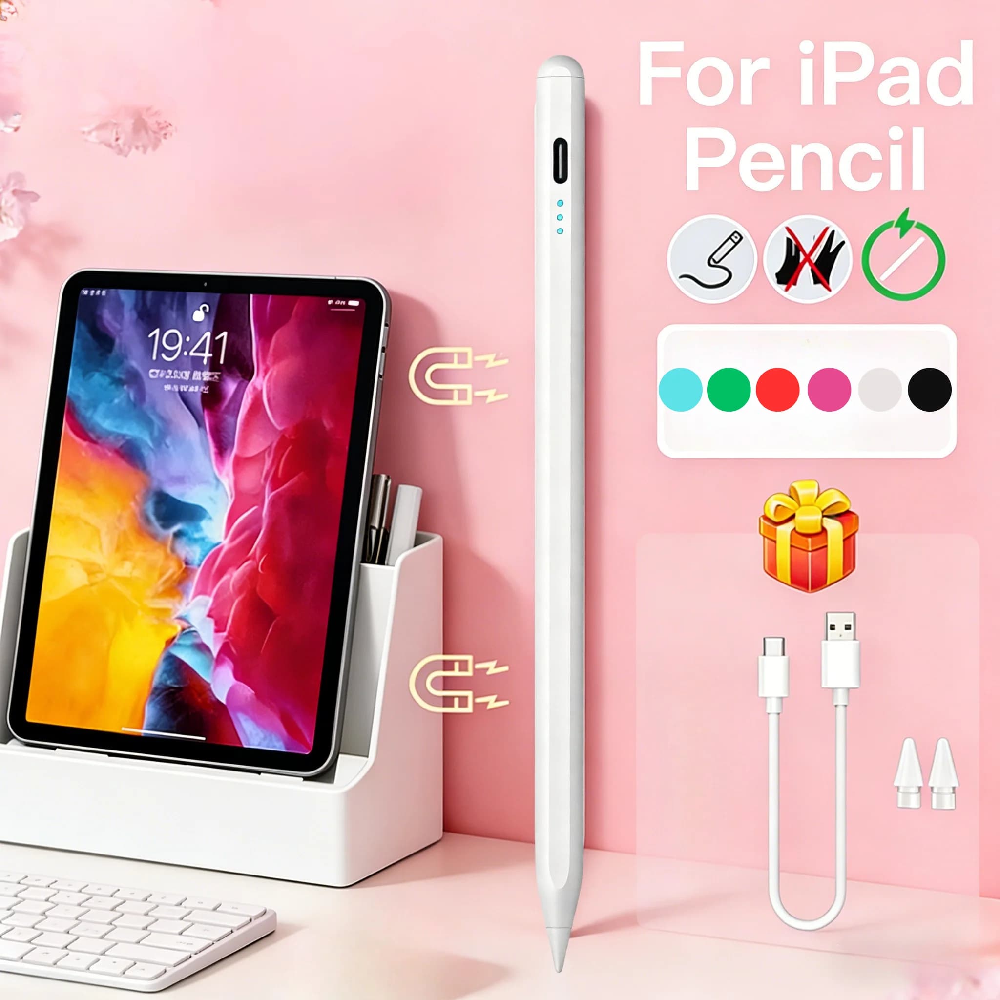 Penna Stilo Specifica per iPad con Rilevamento del Palmo e Indicatore di Carica, Compatibile con Apple Pencil per iPad Pro, Air, Mini (Modelli 2022, 2021, 2020, 2019, 2018)