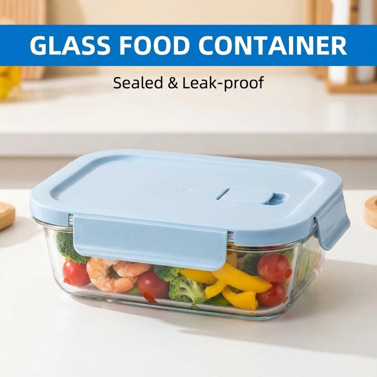 Contenitore per Pranzo in Vetro Azzurro – Adatto per Microonde e Congelatore, Contenitore in Borosilicato a Prova di Perdite per Preparazione Pasti, Bento Box con Coperchio Ermetico