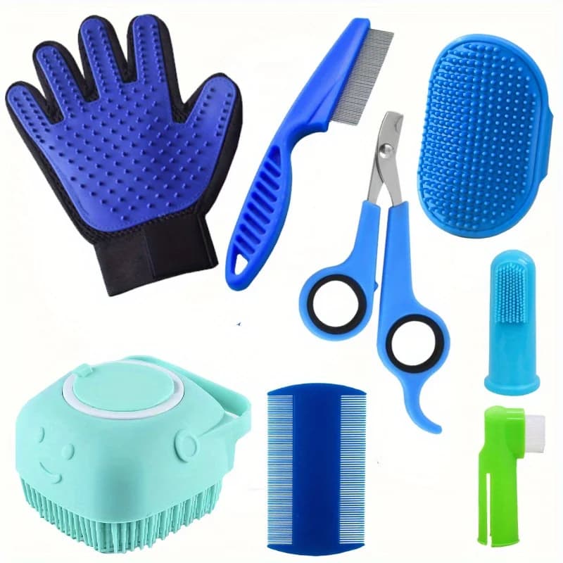 Set per toelettatura animali domestici da 8 pezzi, pettine per depilazione per cani, pettine per pulci, spazzola per shampoo per cani, tagliaunghie per animali domestici, set di spazzolini per cani