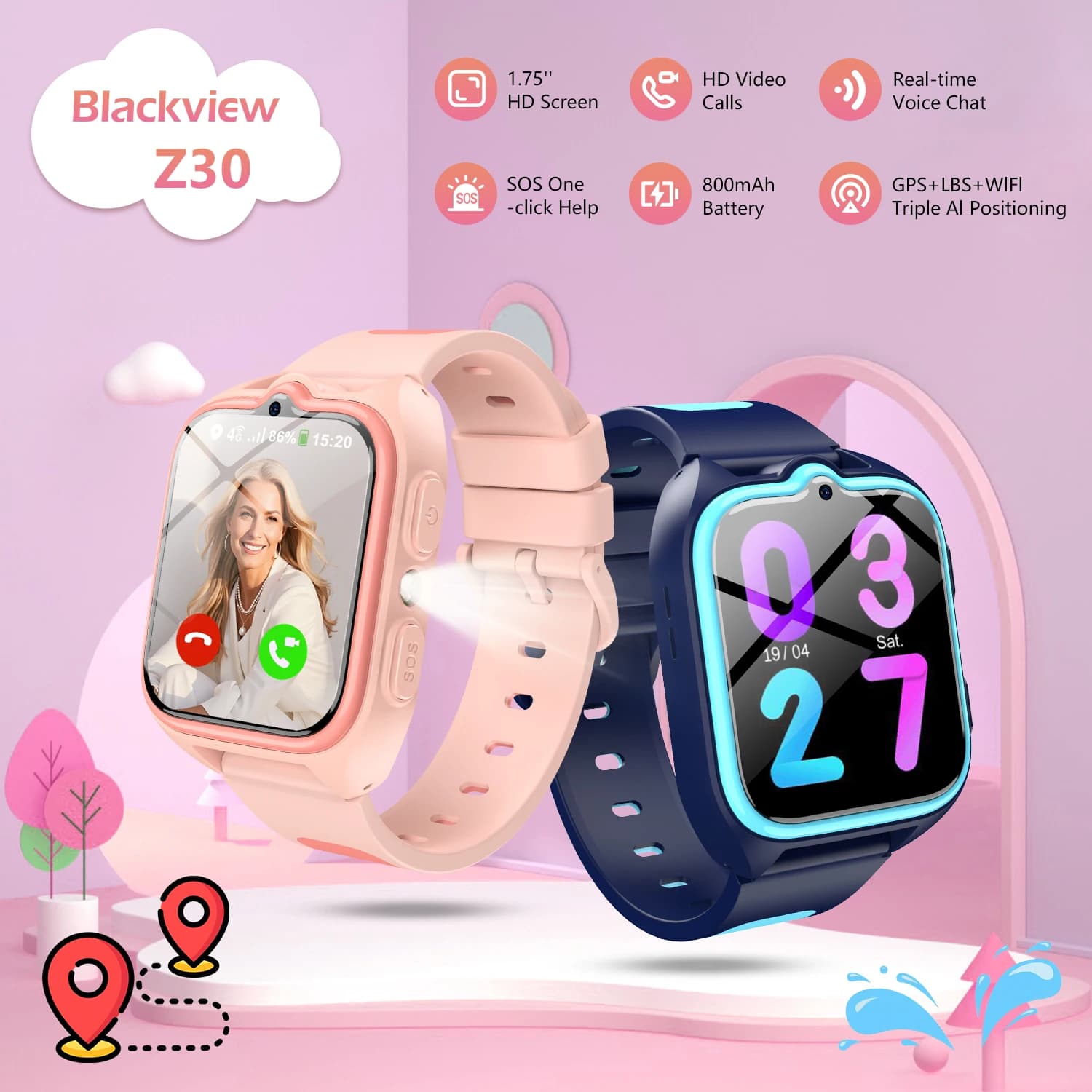 Blackview New Z30 Kids Smartwatch Positioning GPS Phone Sport Tracker Watch for Kids Waterproof Video Call for Kids Gifts