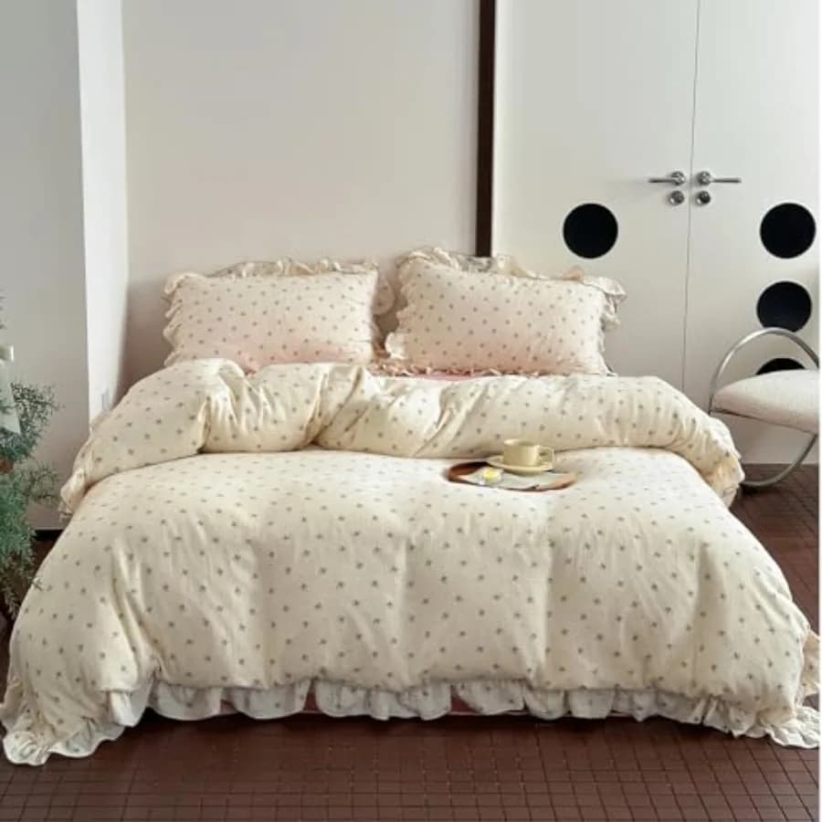 Muslin Cotton Duvet Cover Full Elegant Ruffles Duvet Covers Soft Breathable Comforter Cover Adults Bedding Floral Quilted Cover