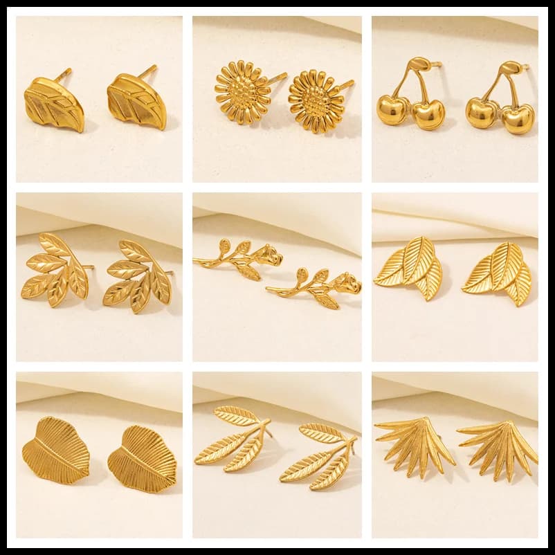6pcs orecchini a fiore con foglia di pianta di moda placcati in oro reale orecchini a bottone in acciaio inossidabile per uomo donna gioielli Piercing orecchino Party