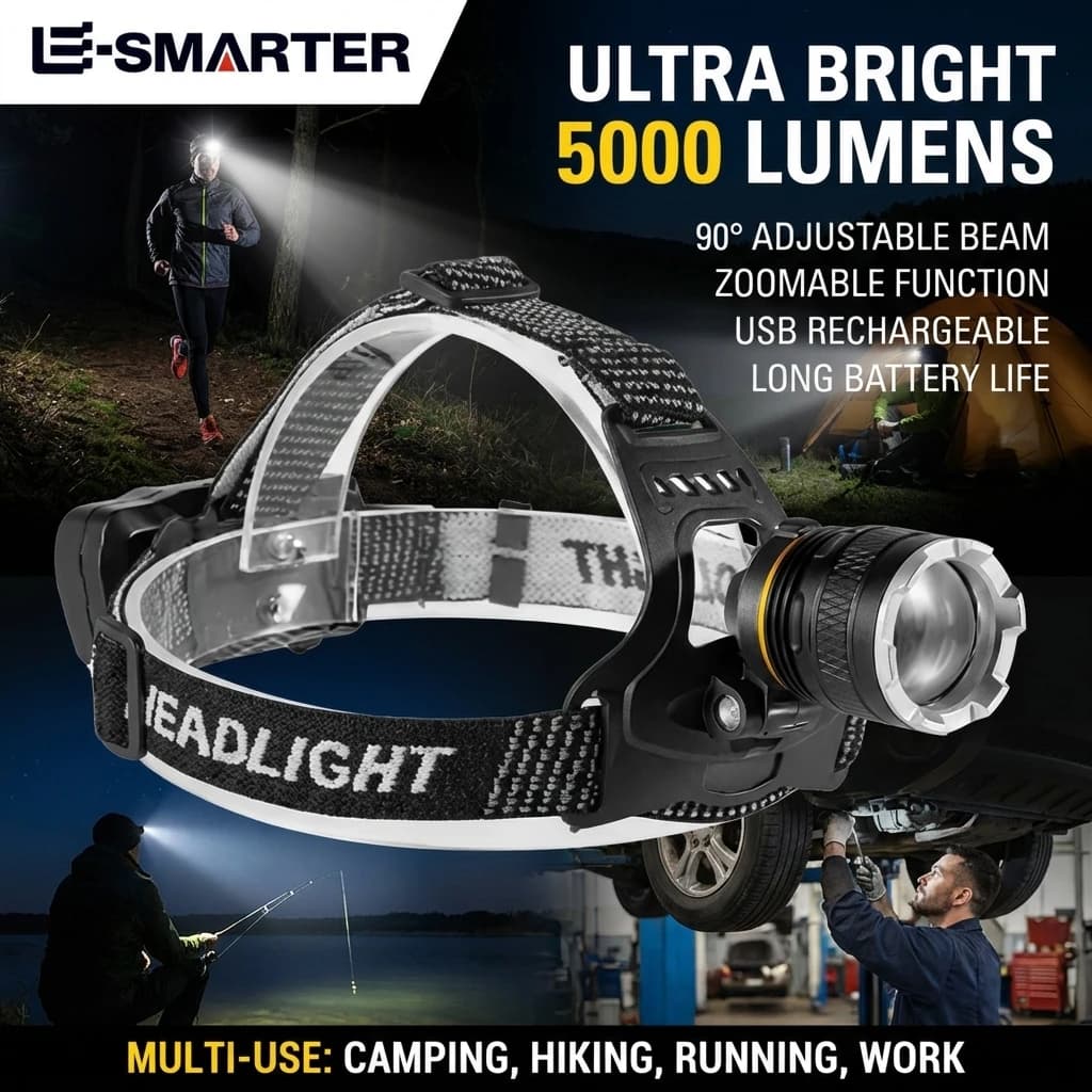 Lampada Frontale Impermeabile Ricaricabile LED XHP50, Torcia da Testa per Pesca, Ricerca, Campeggio, Lanterna con Zoom
