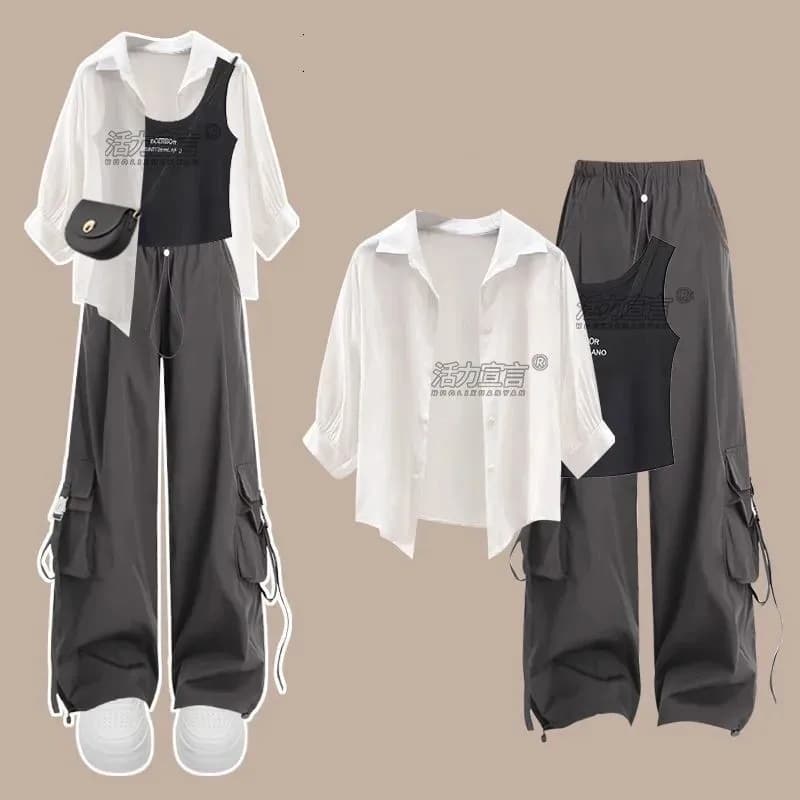 Complete 3 Pieces Spring Summer 2026 for Girls: New Korean Fashion Dress Elegant with Solar Protective Shirt, Trolleys and Trousers Cargo Casual