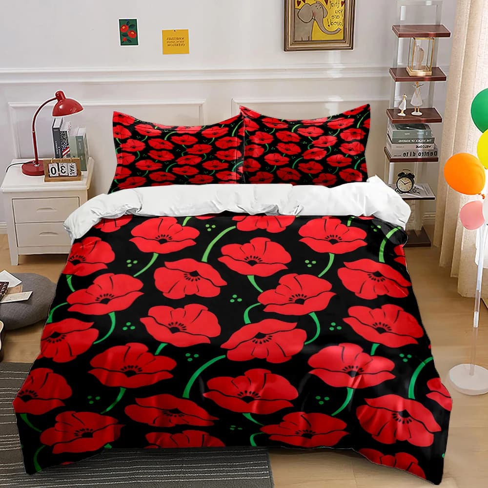 Motivo a papaveri rossi su sfondo nero. Set di biancheria da letto con copripiumino morbido e confortevole, include 1 copripiumino e 2 federe.
