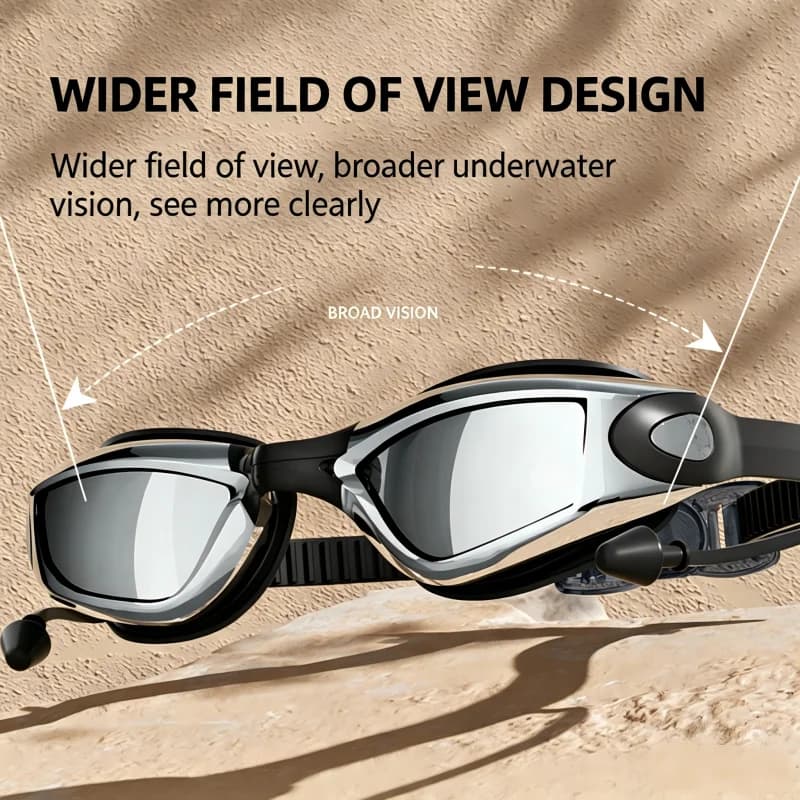 Adult Anti-Fog Waterproof Swimming Goggles with Ear Plugs, Silicone Wide View Swim Glasses for Pool Training