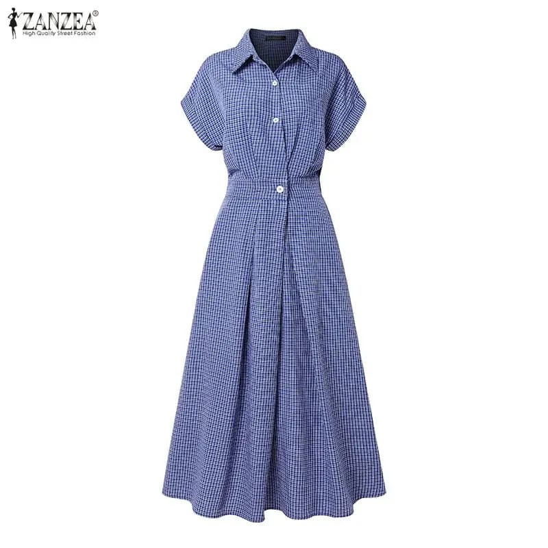 Women Loose Maxi Shirtdress Turn-Down Collar Short Sleeve Half Button Elastic Waist A-Line Dress ZANZEA Fashion Vestidos S-2XL