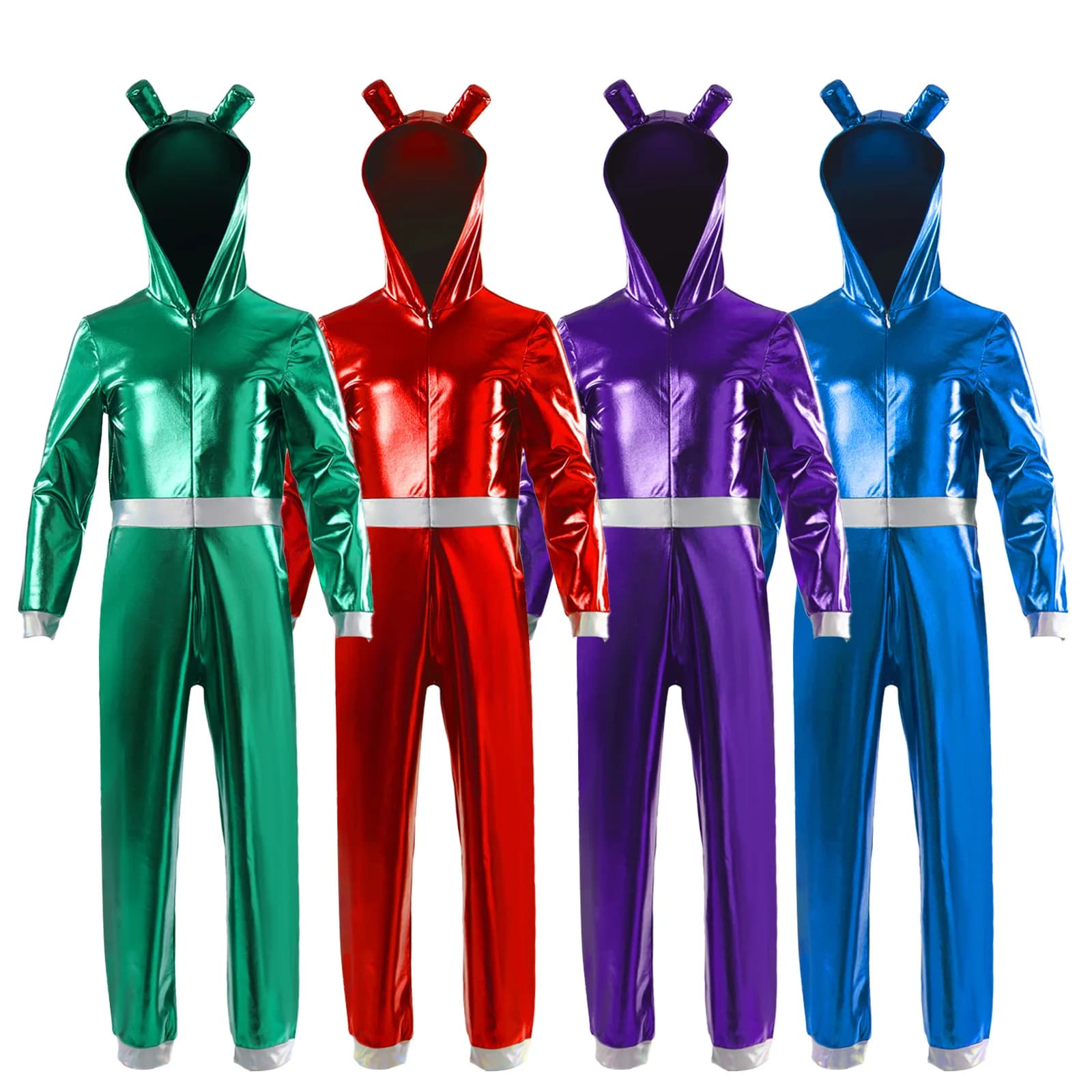 Costume da Astronauta Alieno per Bambini, Tuta con Cappuccio a Maniche Lunghe, Outfit Metallizzato Lucido con Cerniera Frontale per Halloween