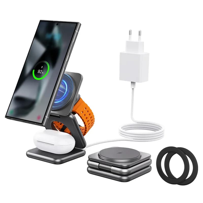 KUXIU Wireless Charger for Samsung Galaxy 25 24 23 22 21 Ect Series Samsung Watch 8 7 6 5/Buds 3 2, Metal Foldable Phone Support