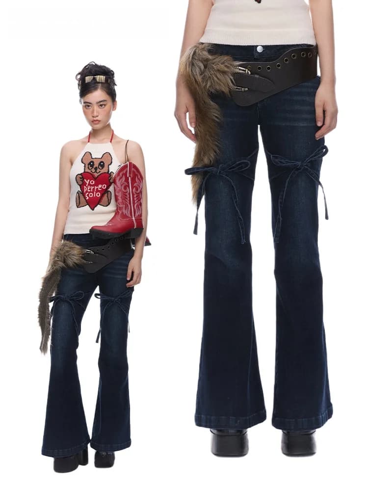 New MOF Girl Black Knot Bowtie Bell Bottom Jeans Cute Style Natural Waist Loose Fit Ladies Jeans China Made