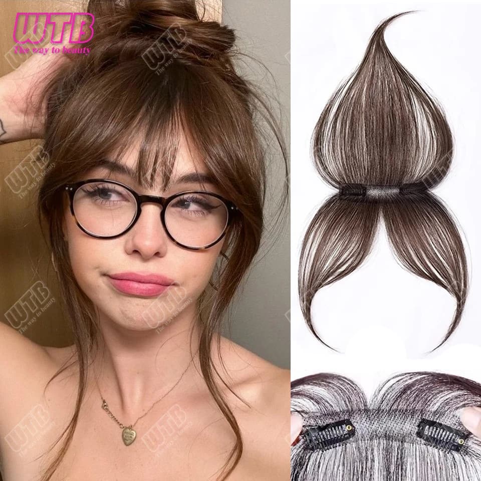 Frange sintetiche WTB nere e marroni con clip, frange sintetiche effetto wispy, pezzi di capelli con 2 clip, frange finte