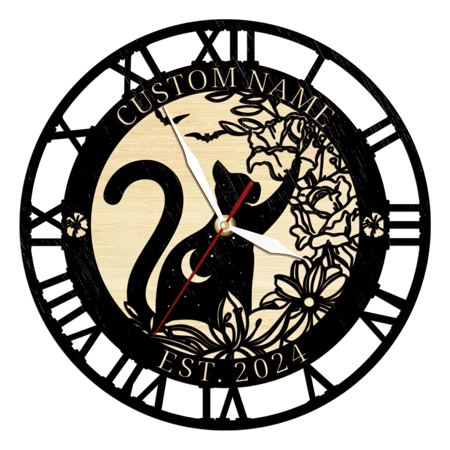 Wall Clock in Natural Wood Customised with Cat and Moon Crescent for Kids Room, Wood Clock with Cat Name Engraved to Laser