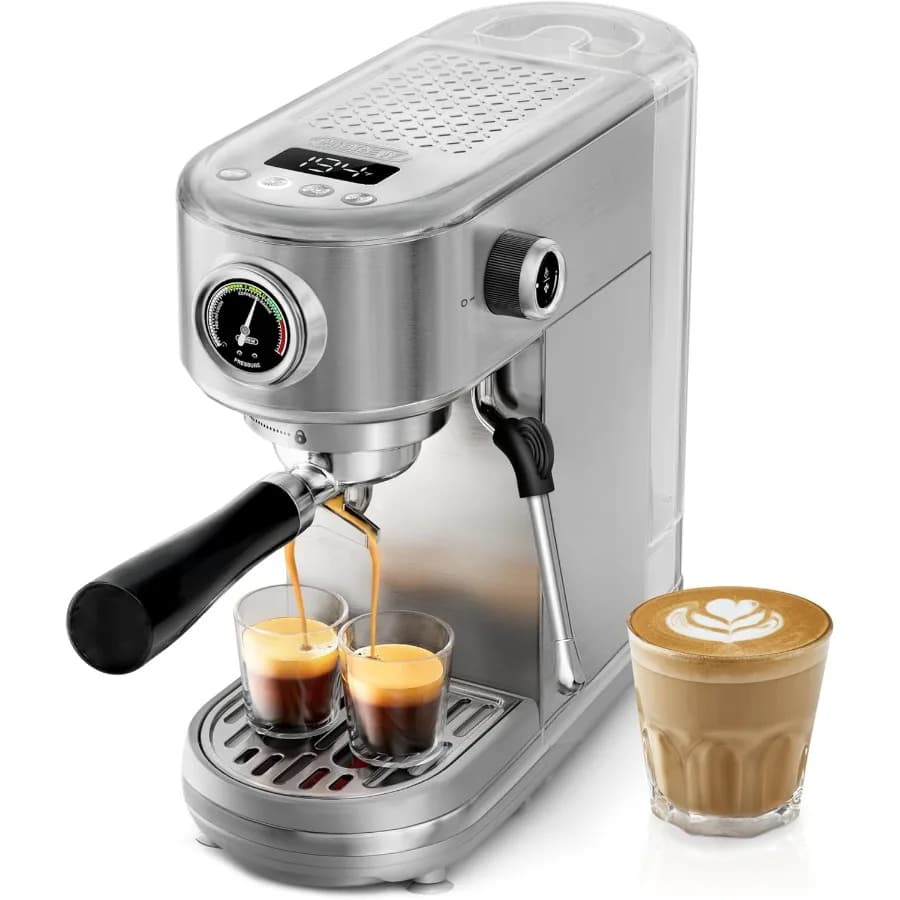 Macchina per Espresso Semi-Automatica 20 Bar con Montalatte per Latte Art, Temperatura Regolabile, Display Volume Acqua, Manometro