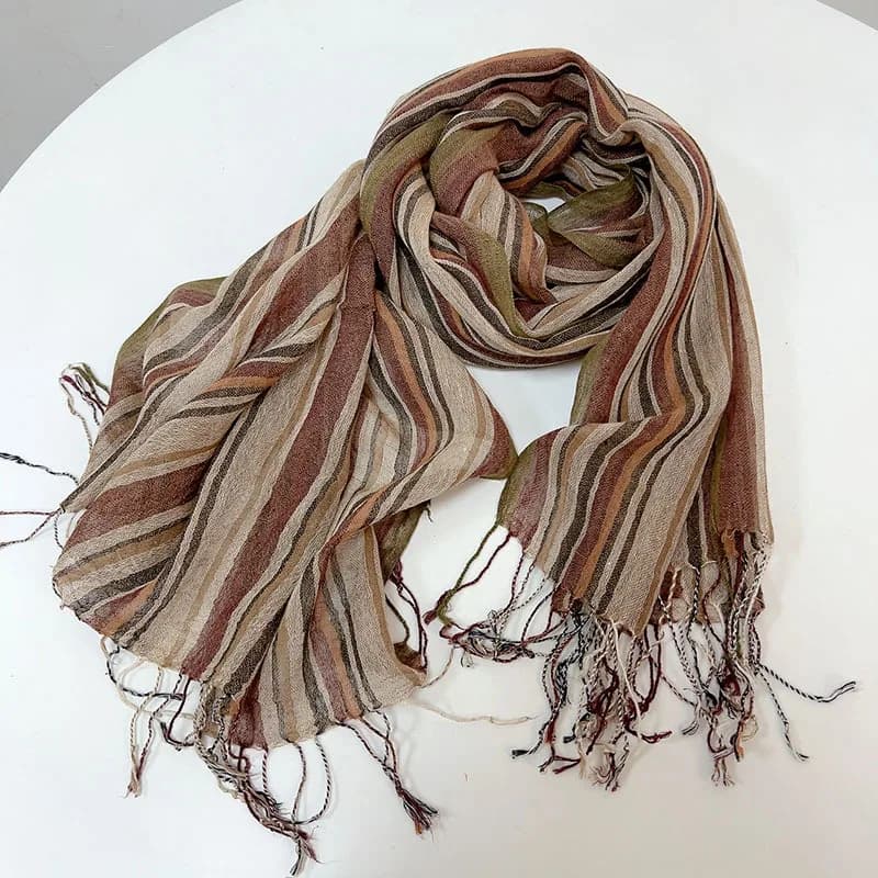 Fashion Men's Cotton And Linen Striped Brown Scarf Long Shawl Japanese Unisex Style Fashion Scarves