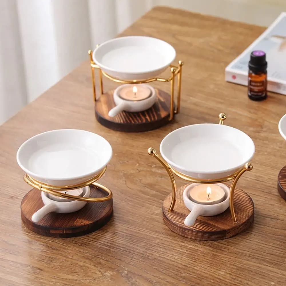 Bruciatore di Aromi Multifunzionale con Base in Legno, Diffusore di Essenze in Metallo e Ceramica per Relax in Casa e Spa