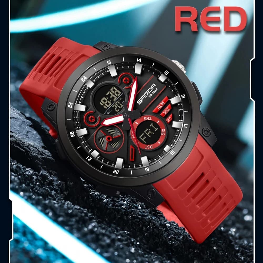 SANDA 3379 Men Sport Wristwatch TPU Strap Waterproof Quartz Watch Dual Display Digital LED Luminous Male Clock Relogio Masculino