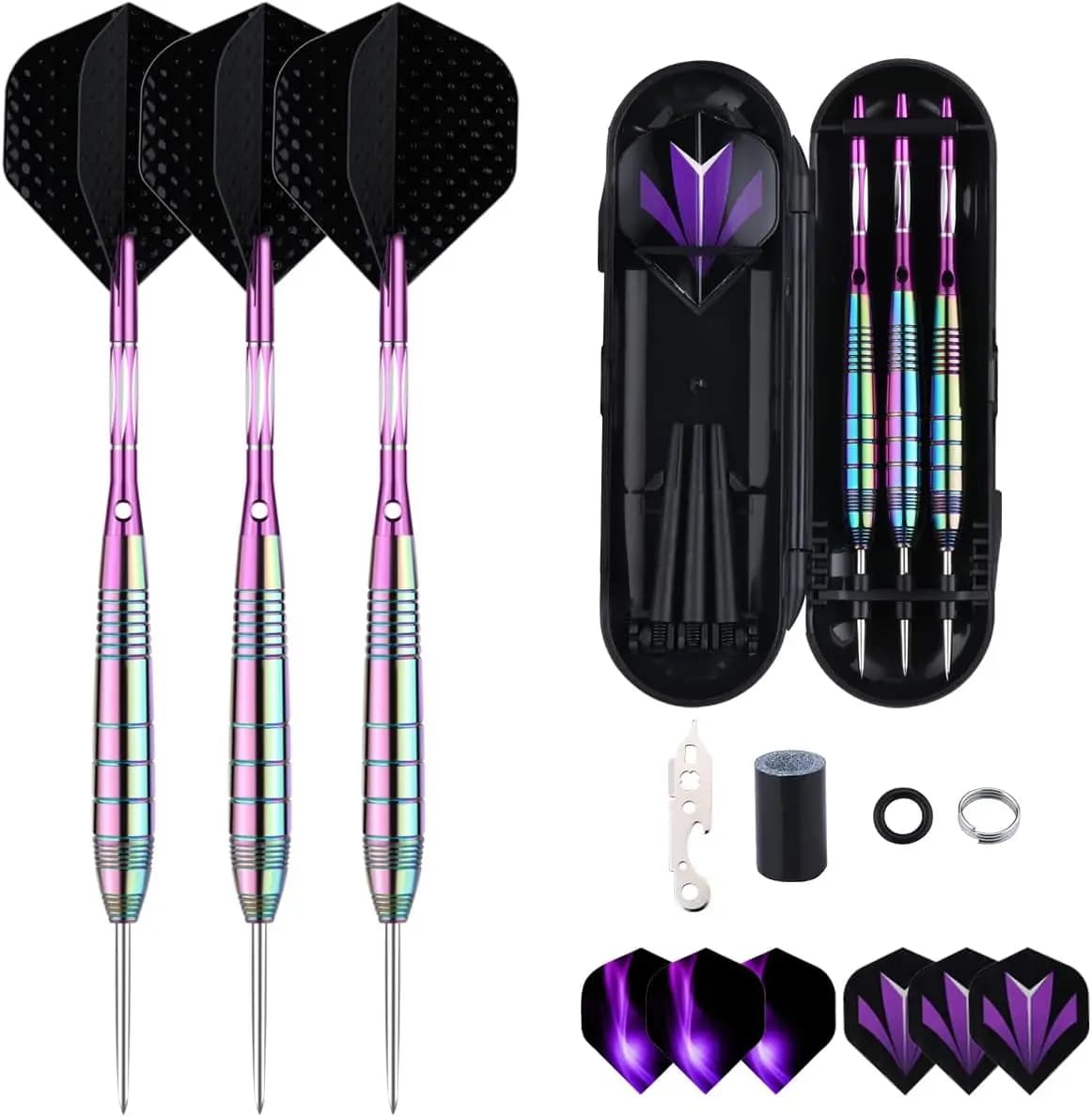Set Professionale di Freccette con Punta in Acciaio per Bersaglio, Punte in Ottone con Aste in Nylon Alluminio Nero-Viola, Include Accessori