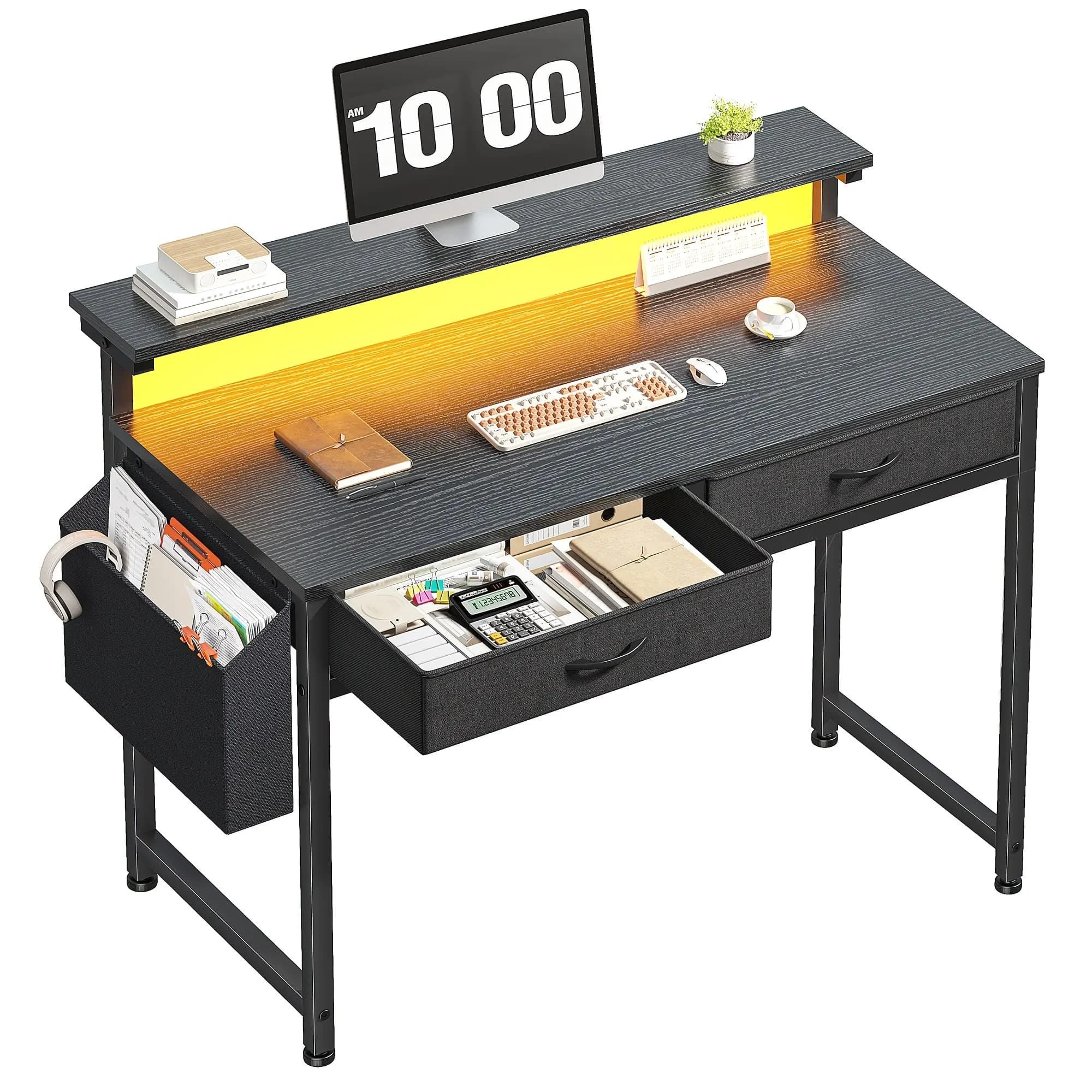 L-Shaped Desk with LED Lighting & Built-in Power Hub – 40-inch by 48-inch Home Office or Gaming Desk Featuring Drawers, Adjustable Monitor Stand, and Open Storage Shelves for Living Room or Dedicated Workspace