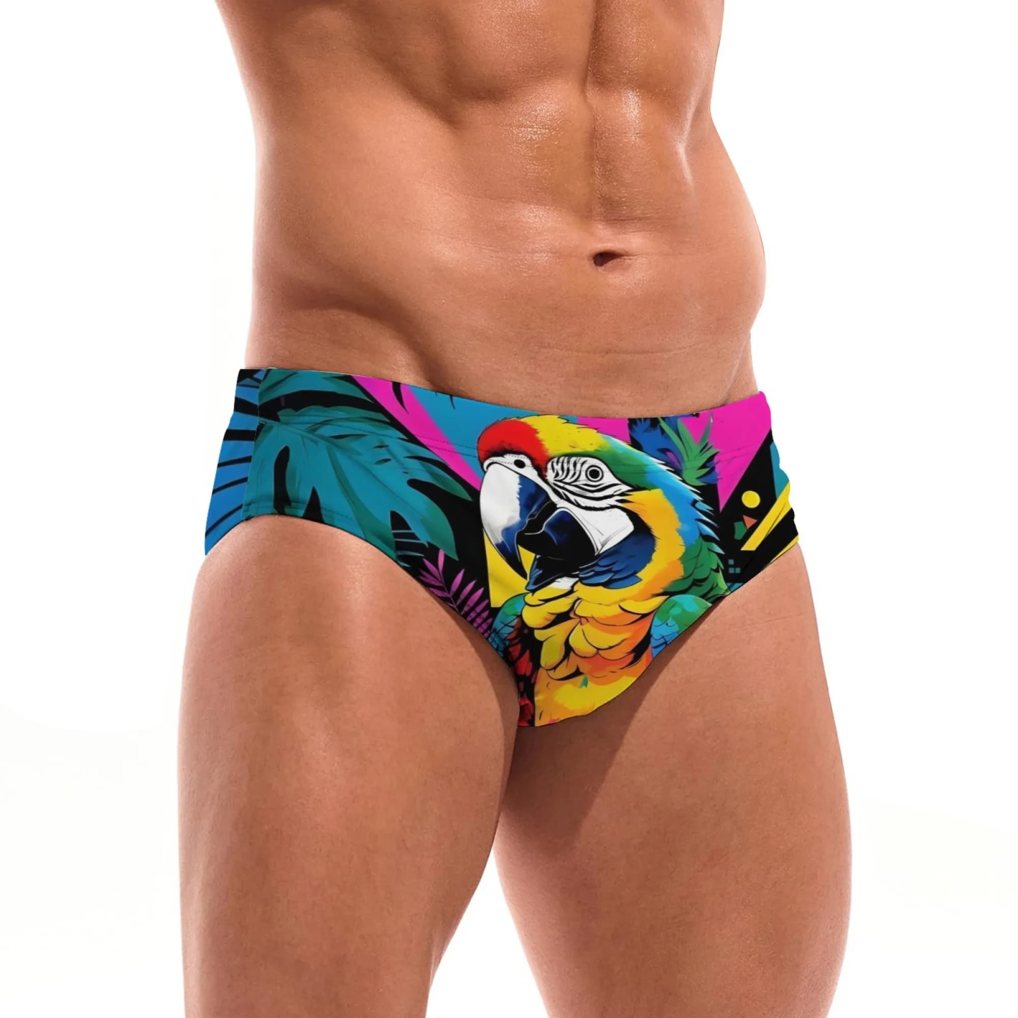 Men's swimsuit with Pop Art cartoon parrot, sexy slip, comfortable, non-slip, casual, beach and surf