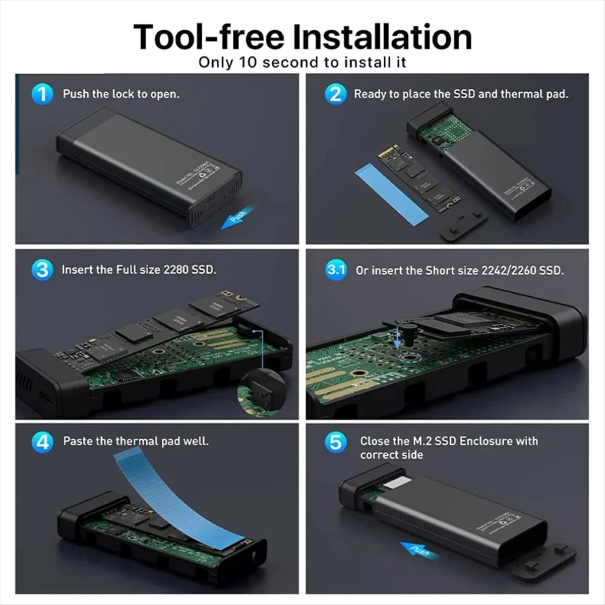 Custodia SSD M2 Adattatore per custodia SSD M.2 NVMe SATA 10 Gbps USB 3.2 Gen2 Custodia esterna USB C Supporta chiavi M e B M