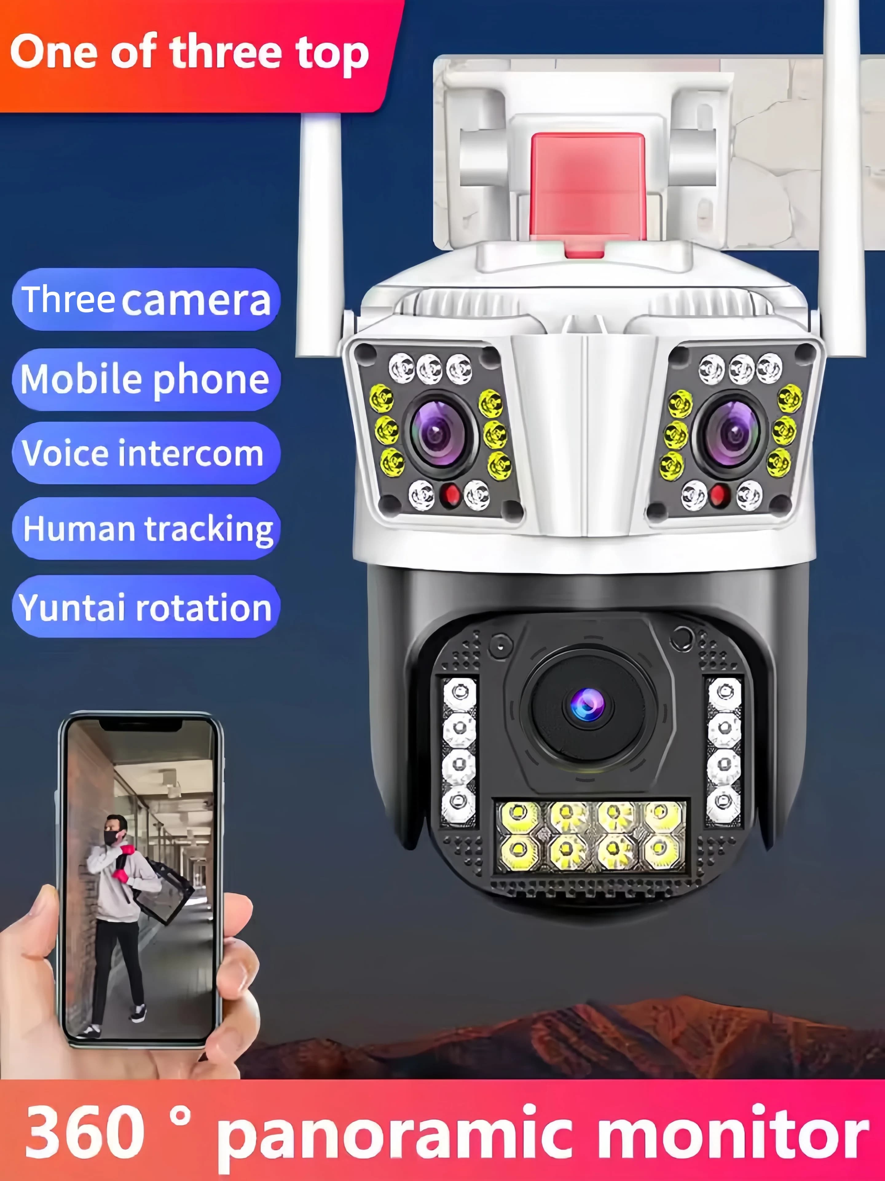Telecamera IP Dome PTZ Wireless a Colori 8MP con 3 Obiettivi e 3 Immagini, Rilevamento Umanoide AI, Monitoraggio Bambini e Sicurezza Domestica, Compatibile con App IPC360Home