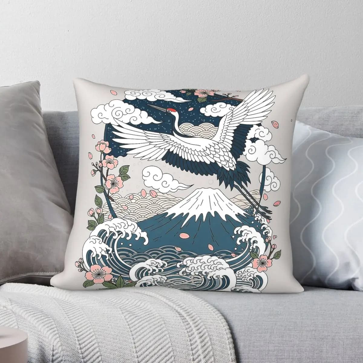Ukiyo-E Japanese Crane Fuji Sakura Federa per cuscino quadrata in poliestere, lino, velluto, con cerniera, decorazione per divano, 45x45