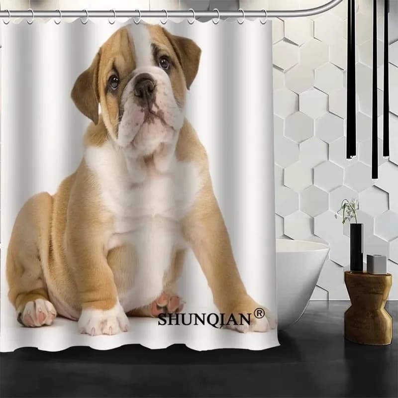 Tenda da doccia con stampa bulldog e bulldog francese, grazioso design con ritratto di cane domestico, tenda da bagno impermeabile in poliestere con ganci