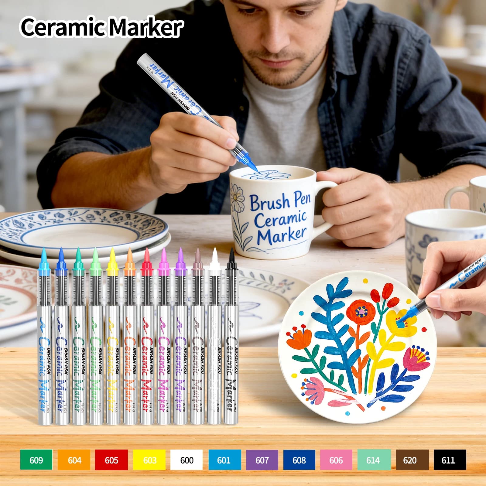 Pennarelli per Ceramica in 12 Colori, Penne Acriliche per Pittura, per Arte Fai-da-Te, Pittura su Ceramica, Legno, Vetro, Materiali per Disegno