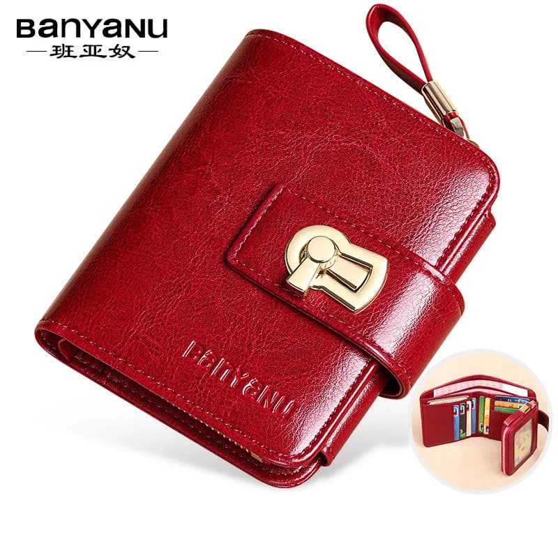 BanYaNu Genuine Leather Fashion Folding Women Wallet Short Large Capacity Zipper Coin Purse Credit Card Holder Wallets for Women