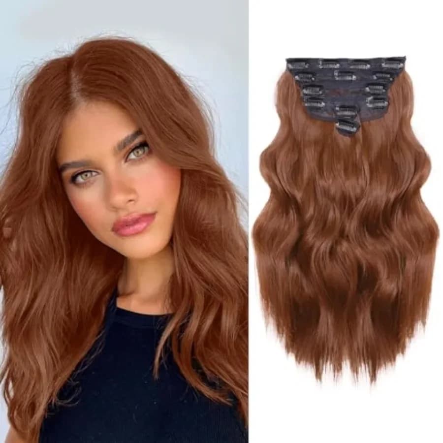 Clip in Hair Extensions for Women 14Inch Short Wavy Curly Auburn Hair Extension 6PCS Synthetic Hair Extension Hairpieces Auburn