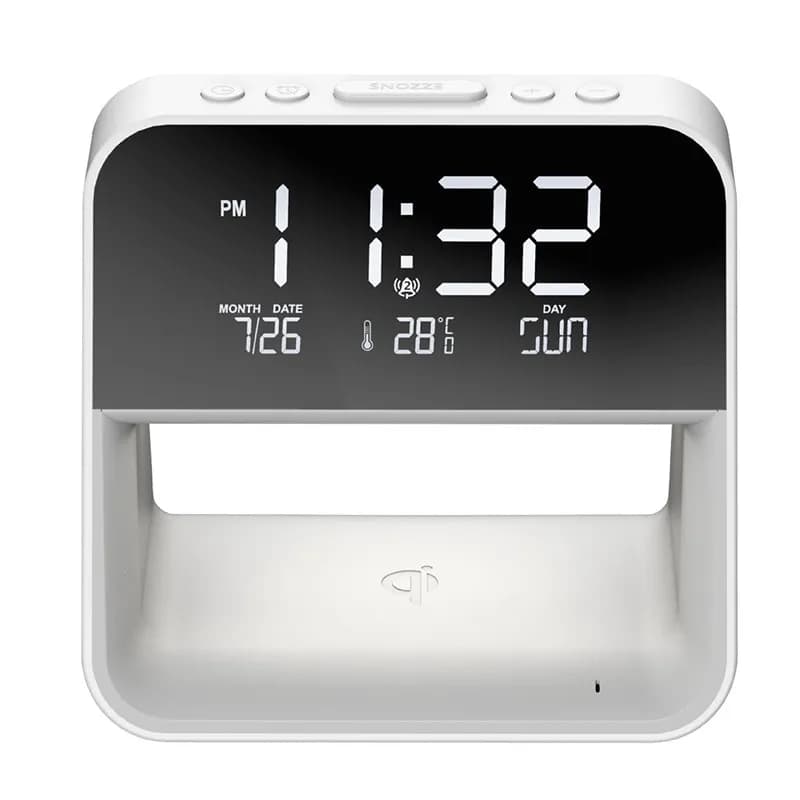 Sveglia con caricatore wireless, orologio da tavolo creativo con pendolo, orologio da scrivania moderno e semplice.