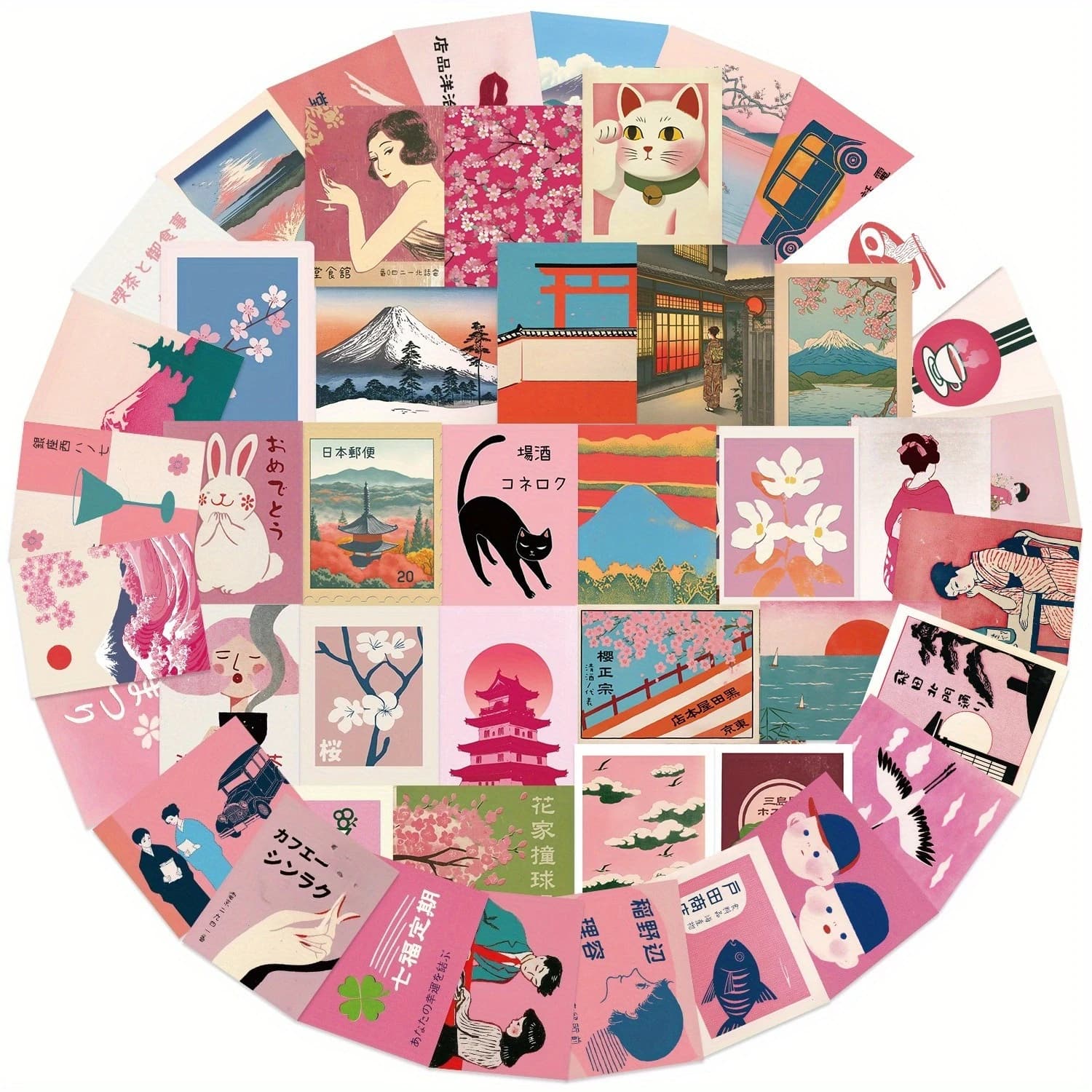 50 Pezzi Adesivi Decorativi Rosa Stile Retrò Giapponese per Valigie, Bottiglie d'Acqua, Tazze, Quaderni, Skateboard, Bagagli, Caschi
