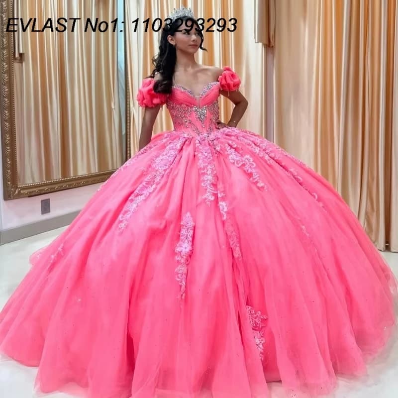 EVLAST Personalizzato di Lusso Rosa Abito di Sfera Abito stile Quinceanera Applique di Pizzo di Cristallo Con Perline Arco Dolce 16 Abiti Da 15 Anos E1QN130