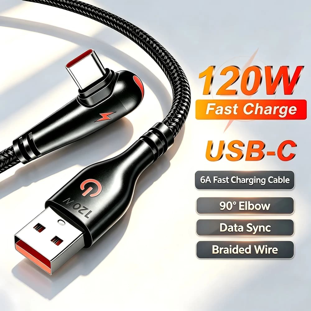 90° Elbow Super Fast Charging Cable USB Type-C For iPhone 15 16 17 Samsung Xiaomi Redmi Huawei Honor Quick Charge Data Cable