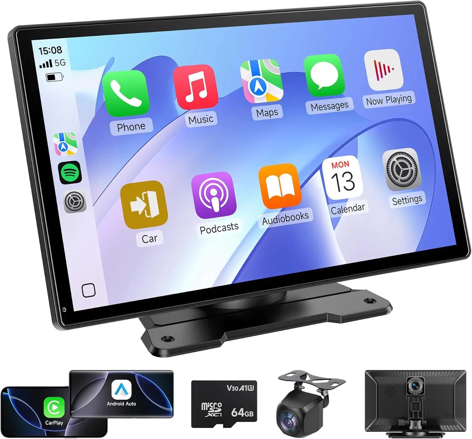 Touchscreen Android Car Wireless CarPlay 9' with Dash Cam 4K and rear camera, Bluetooth FM GPS navigation Siri MirrorLink