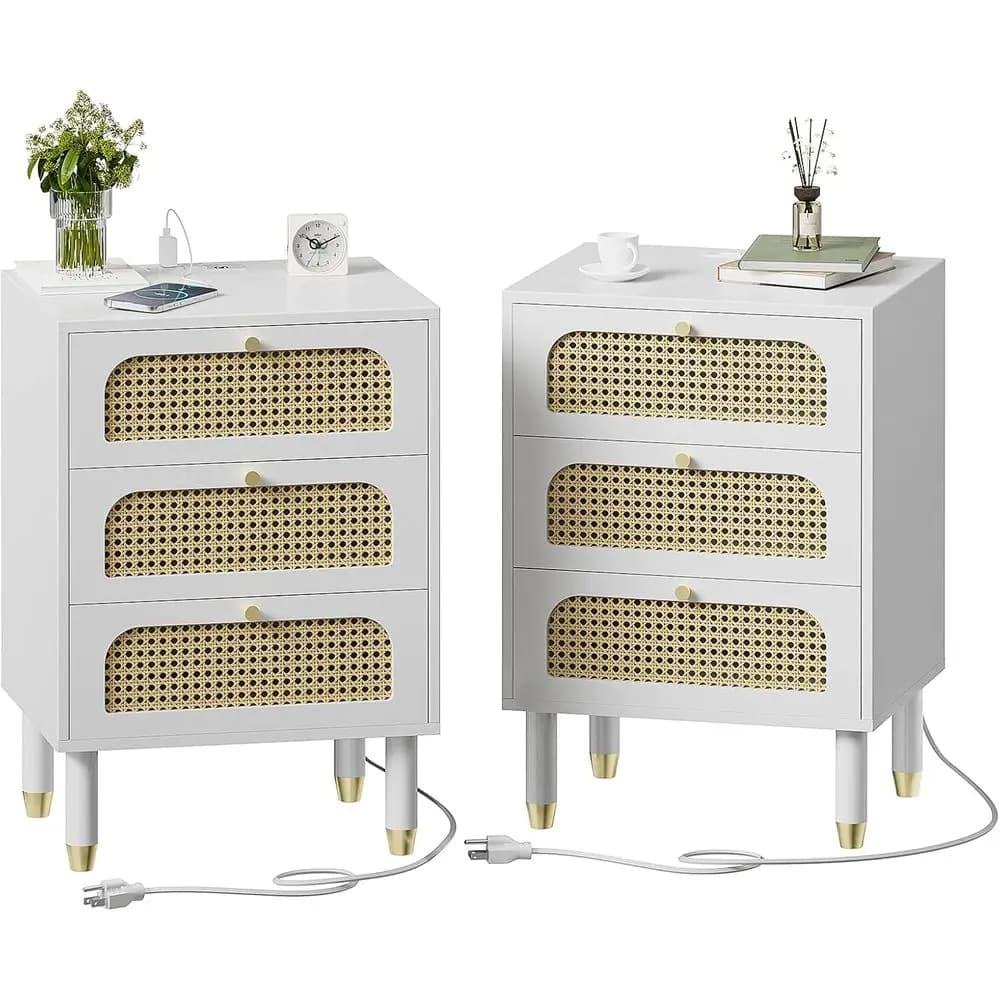 Rattan Nightstand with Charging Station, 27" Tall White Nightstand with 3 Ders or Bedroom, Boho Century ern Bed Side Table/End T