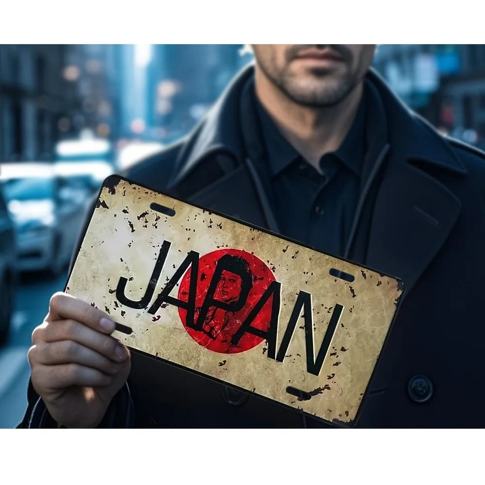 Targa in Alluminio Stile Vintage con Stampa 2D, Illustrazione di "JAPAN" con Sole Nascente e Silhouette di Geisha, Stile Targa Giapponese