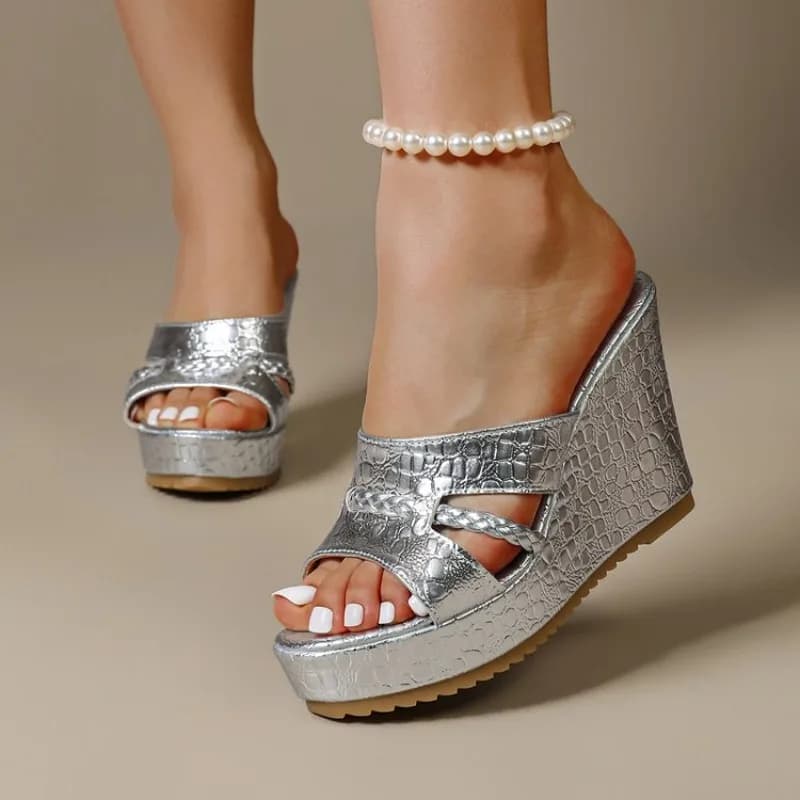 Sandali con Zeppa e Paillettes Lucide da Donna, Scarpe Estive alla Moda con Plateau, Tendenza Casual Leggera con Suola Spessa
