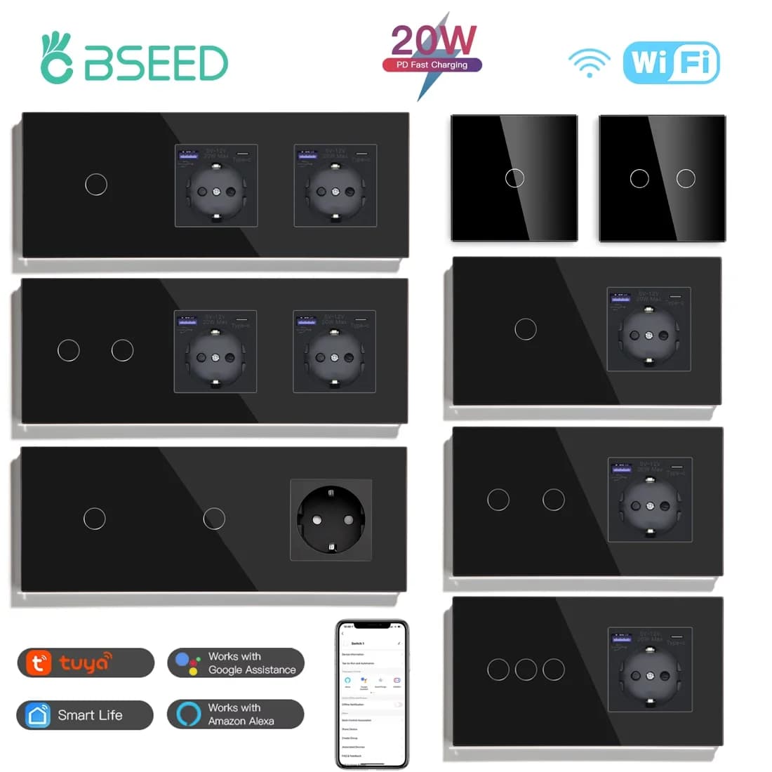 BSEED Wifi 1/2/3Gang Interruttori della luce da parete Pannelli touch Tuya Smart Life App Controllo con prese di corrente UE Porte di ricarica USBC da 20 W